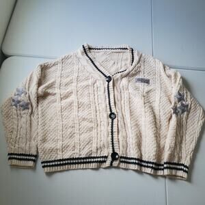 Folklore Album Cardigan Sweater Womens MD/LG White Embroidered Stars Cable Knit